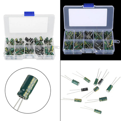Top Shelf Audio Capacitor Assortment Kit 100 Pieces Of Durable Electrolytic Radial Capacitors 10Uf Through 470Uf And 10V Through 63V Voltage Range in organized box.
