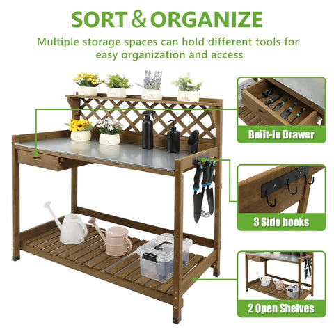 Outdoor Fir Wood Potting Bench With Metal Table Top Drawer Large Bottom Shelf And Open Shelf Garden Work Station with tools