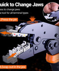 Ultimate Preciva Crimping Tool Kit Featuring Quick-Change 6-Jaw System, Heavy Duty Wire Stripper, Plus 285 Premium Terminals For Heat Shrink Insulated And Solar Connectors In Auto Or Home Jobs, close-up jaw change