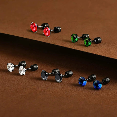 Top Tier Titanium Screw Back Stud Earrings For Women And Men Featuring Hypoallergenic Surgical Steel With A Tight Security Clasp To Keep Your Everyday Fit Snappy While Showcasing Brilliant Cubic Zirconia Stones For Sensitive Ears with red, green, black, blue, and clear cubic zirconia.