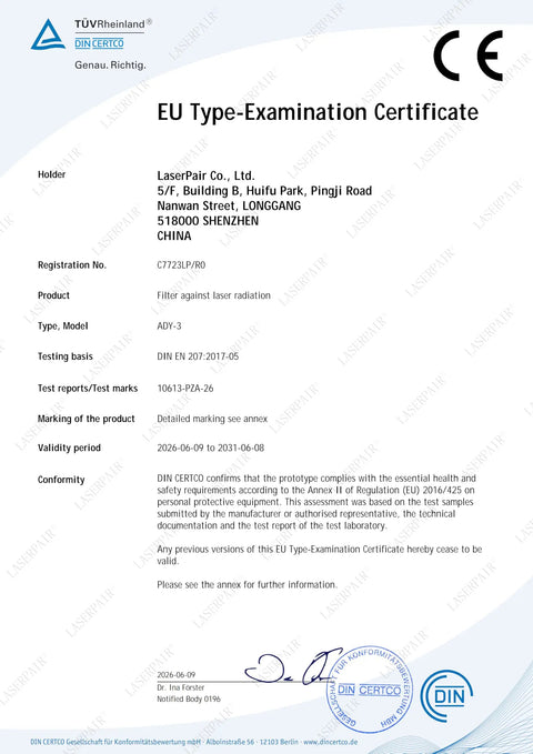 EU Type-Examination Certificate for Heavy Duty Laser Safety Glasses For Handheld Welding And Fiber Laser Use with compliance details.