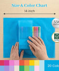 Hands holding 330 Sheets Multicolor Tissue Paper Pack 14x10 Inches Wrapping Paper For Gift Bags Holiday Birthday DIY Crafts Projects 20 Vibrant Colors, showing size chart.