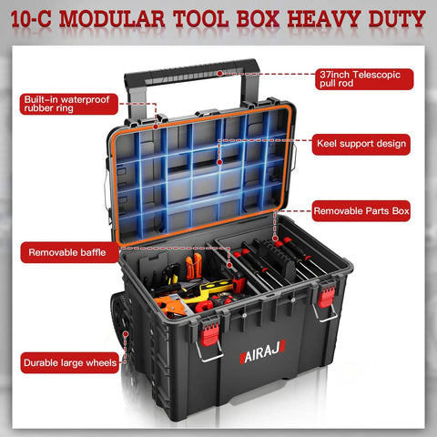 Open black heavy duty 3 tier rolling tool box with wheels, showing removable parts tray, telescopic handle, for garage and fieldwork.