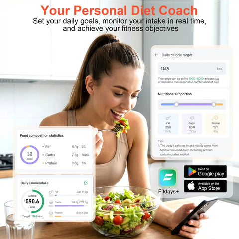 Woman using Kitchen Food Scale With Nutritional Calculator And Calorie Fat Carbs Protein Tracker, app displays nutrient chart