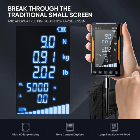 Pro-Grade Digital Force Gauge with Epic Big Screen and Bold Multi-Unit Readouts for Killer Push Pull Accuracy and Trigger Pull Testing for Industrial Quality Assurance displays large measurement readouts.