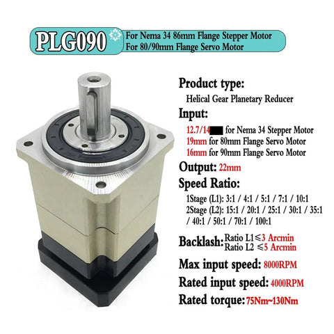 Rock Solid Plug And Play Planetary Gear Reducer Box with helical gears for Nema 34 stepper motors, input 12.7/14mm, output 22mm.