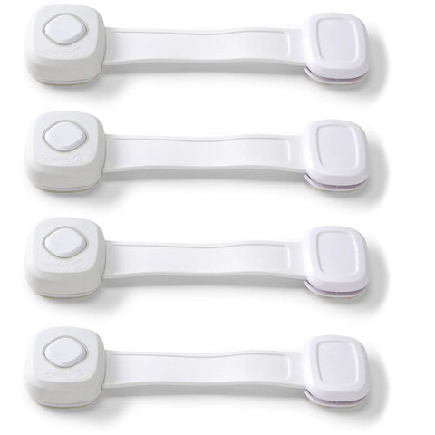 Outsmart All-Purpose Multi-Use Strap Four Pack White Kidproof Locking Straps For Cabinets Doors Drawers Easy Install Without Drilling Hidden Buttons
