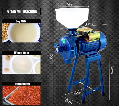 2200W Heavy Duty Electric Mill Grinder For Commercial Use showing dimensions and food processing capabilities