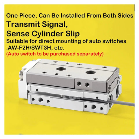 Rock Solid Pneumatic Slide Cylinder Double Acting Air Table Actuator, precision assembly for automation applications, silver and white finish.