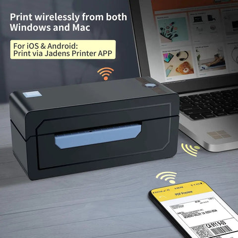 Bluetooth Thermal Shipping Label Printer For 4x6 Shipping Labels Wireless And Dead Simple To Use Works With Android iPhone Windows Mac Boss For Amazon Shopify Etsy USPS And More No Ink No Toner Clean Fast Printing next to laptop and phone