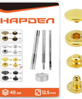 Solid Gold Metal Snap Fasteners Bundle Packs Forty Heavy Duty Button Sets And No Fuss Setting Gear For Durable Denim Repairs leather wraps tote bags and homemade craft projects showing gold snaps and tools.