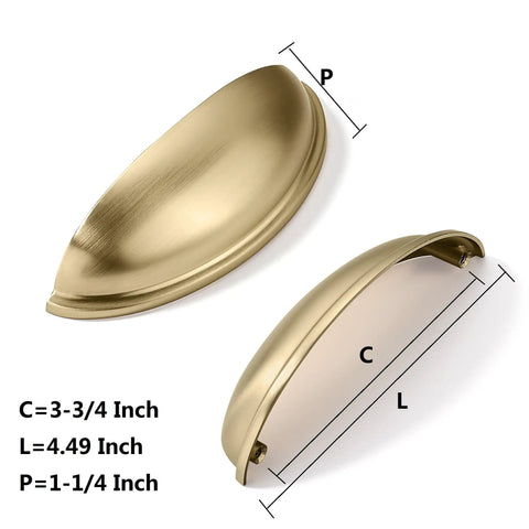 10 Pack 3 Inch Four Center Gold Drawer Pulls With Brushed Brass Cup Handles For Kitchen Cabinets dimensions displayed.