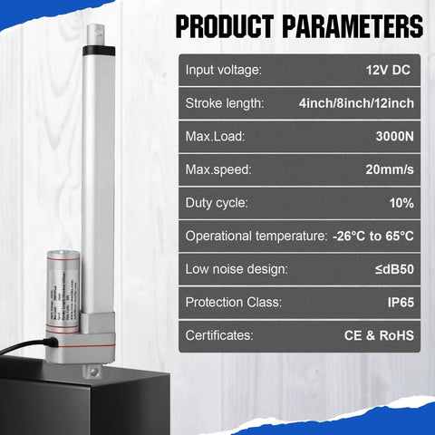 Tough As Nails 12V Linear Actuator 18 Inch Stroke 3000N with product parameters displayed on a white background.