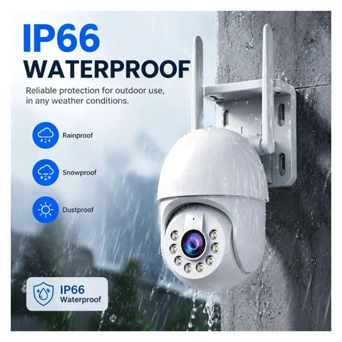 Dope 4K PTZ WiFi Security Camera With Smart Auto Tracking And Dual Night Vision Smooth Ball Design mounted outdoors with rain protection.