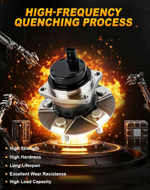 Heavy Duty Rear Wheel Hub And Bearing Assembly 2 Piece Set Built Badass Tough For Toyota Corolla Matrix Prius Vibe Fwd 5 Lug Abs Ready smooth finish with high load capacity against fiery backdrop.