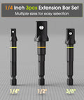 Three Piece Impact Socket Adapter Set For One Quarter Three Eighths And One Half Inch Drives With One Quarter Inch Hex Shank Chrome Vanadium Steel Heavy Duty Extension Bits For Power Drill And Impact Driver, showing 1/4, 3/8, and 1/2 inch sizes on a grid background.