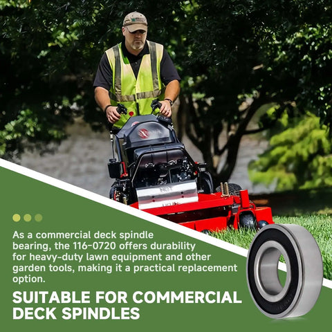 Heavy Hitter Six Pack Of 116 0720 Replacement Spindle Bearings For Riding Lawn Mowers shown in use on a commercial mower.