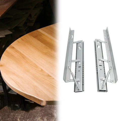 Rock Solid Heavy Duty Extendable Slide Rail Mechanism With Precision Lifting Hinge For No Sweat Adjustments and Truly Game Changing Square To Round Dining Table Space Flexibility.