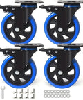 Four Pack Five Inch Lockable Blue PVC Swivel Casters with dual ball bearings, black frame, and universal mounting plates.