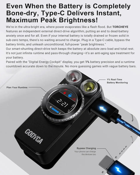 Solid Build Clip On Flashlight Featuring Straight Shooting Laser Distance Meter And Dope White Red Beams USB C Rechargeable showing digital energy display and charging feature.