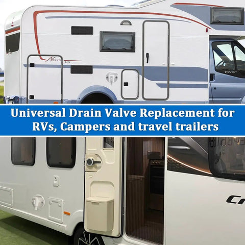 Universal RV Fresh Water Tank Drain Valve Replacement For 3/8 Or 1/2 Inch Hose Barb displayed on camper and travel trailer