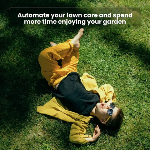 Child lying on grass, promoting Automatic Lawn Mower Robot E1600T For Large Yards With 3600 Square Meters Per Charge