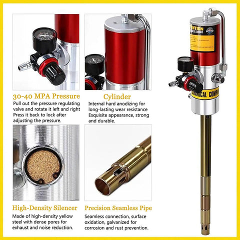Rock Solid Heavy Duty Pneumatic Grease Pump For 55 Gallon Drums Universal Grease Gun detailed view of pressure gauge and cylinder.