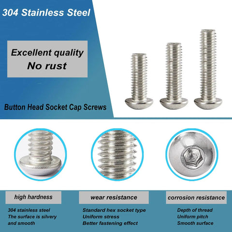 Heavy Duty M8 Button Head Socket Cap Screw Assortment Kit With 304 Stainless Steel Fully Threaded Metric Allen Hex Bolts, 12mm to 25mm sizes.