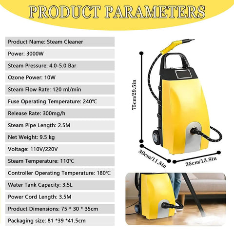 Sotikarery 3000W High Pressure Steam Washer With 3.5 Liter Tank And Ozone Function for easy car cleaning, yellow, 75cm tall.