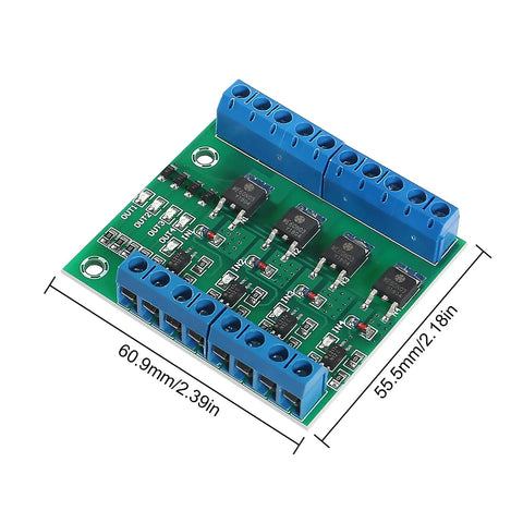 Rock Solid 4 Channel PLC Amplifier Module With MOSFET Driver And Optocoupler Isolation, top view with dimensions labeled