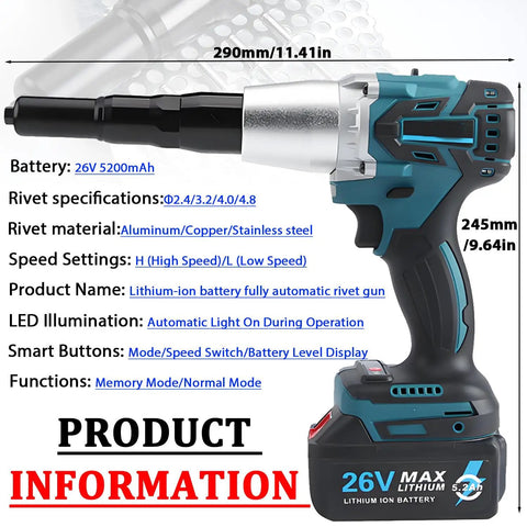 26V Brushless Cordless Rivet Gun Electric Blind Riveter Tool Kit with 3 Interchangeable Nozzles and 5200mAh Battery