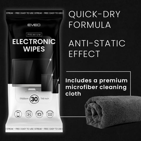 Streak-Free Screen Cleaner Wipes For TV, Computer, Laptop, iPad And Monitor With Microfiber Cloth, 90 Wipes Pack shown with cloth