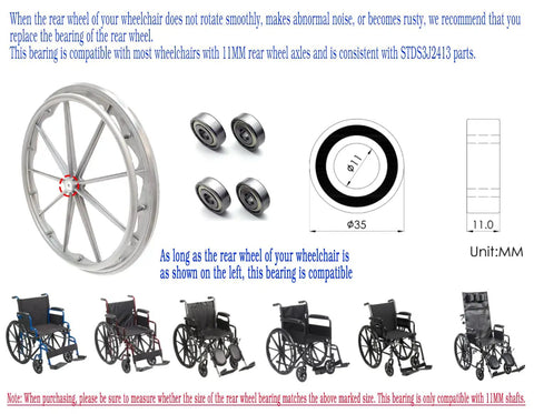 Get A Buttery Smooth Ride With These Heavy Duty Wheelchair Rear Bearings 4 Pack Universal 11mm Fits Seven 16 Inch Axle diagram showing wheel and bearings.