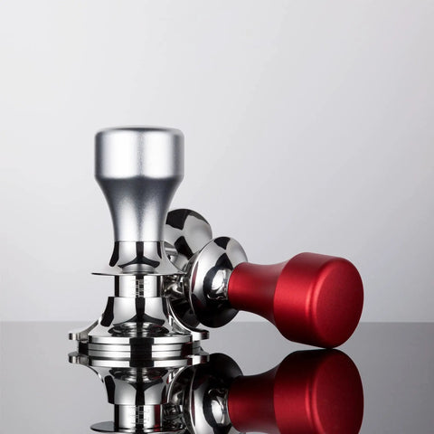 Top Shelf Adjustable Coffee Tamper With A Flat Base And Food Safe Stainless Steel, Killer Build For Custom Sized Espresso Pulls And Fast Morning Brews, silver and red tamper design