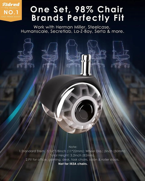 Hella Heavy Duty Rollerblade Office Chair Wheels With Quiet Glide And Effortless Swivel On Hardwood Floors And Carpet Plus 700 Pound Capacity with standard stem and wheel dimensions.