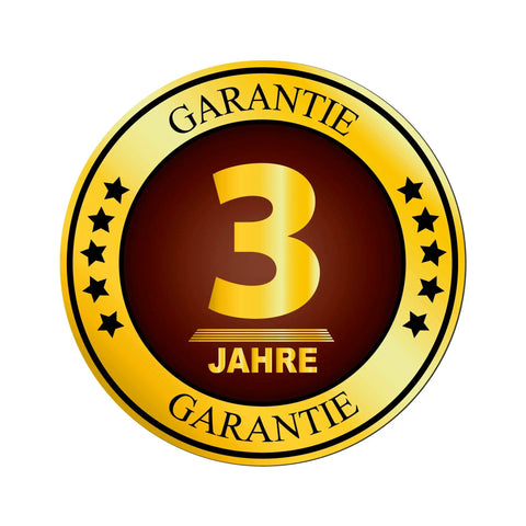 Gold emblem with "3 Jahre Garantie" in German, indicating a three-year warranty, surrounded by stars on a circular border.