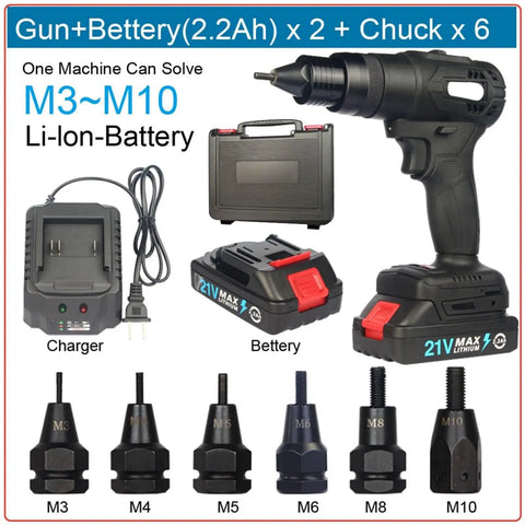 Killer 21V Brushless Electric Cordless Ram Gun And Blind Rivet Nut Tool with battery, charger, and multiple chucks for threaded inserts.