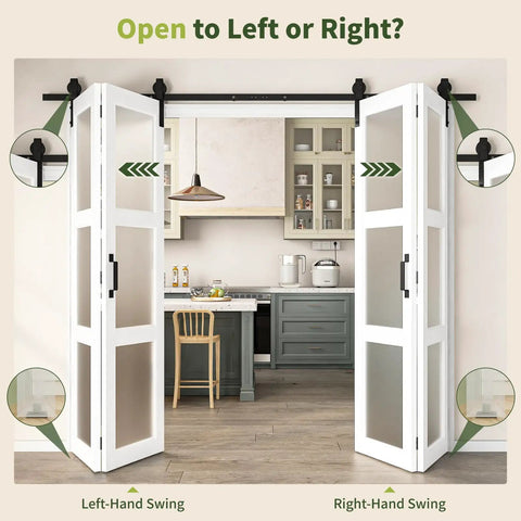 32 By 84 Inches Sliding Bifold Barn Door With Clear Glass Top Shelf Space Saving Interior Panel For Tight Spaces Bedroom Pantry Laundry Smooth Operator, open both ways.