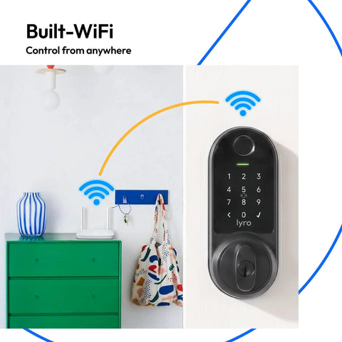 Smooth Zero Drama Keyless Entry With This Heavy Duty Wifi Smart Door Lock featuring keypad and wifi control on a white wall.
