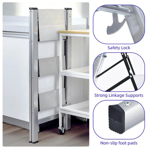Slim folded Three Step Aluminum Folding Ladder For Indoor And Outdoor Tasks Space Saving Slim Fold To Four Centimeter Flat next to shelves