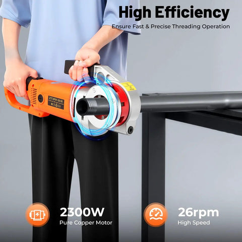Badass Electric Pipe Threader Kit 1/2 To 2 Inch With 6 Dies Plus 2300W Copper Motor showing high efficiency operation on steel pipe.