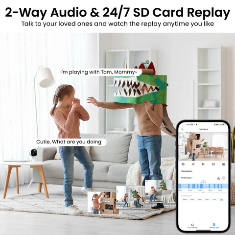 Children playing in a living room monitored by 2K Indoor Outdoor Security Camera System For Pets And Family with smartphone display.