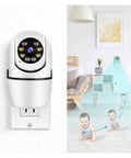 Smooth Running 1080P HD WiFi IP Camera With Badass Video Quality plugged into a wall outlet monitoring two crawling babies.