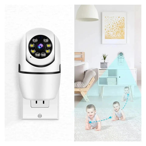 Smooth Running 1080P HD WiFi IP Camera With Badass Video Quality plugged into a wall outlet monitoring two crawling babies.