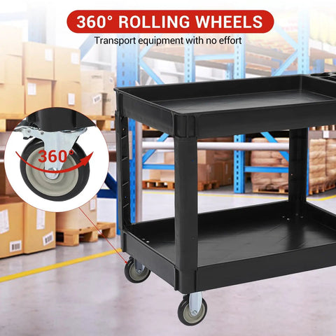 360° rolling casters on Rock Solid Heavy Duty Two Shelf Foldable Utility Cart With 500 Pound Capacity in warehouse setting.
