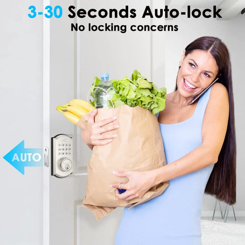 Woman using Keyless Entry Smart Lock With Bluetooth App Control And Keypad, Digital Deadbolt For Front Door, groceries in hand.