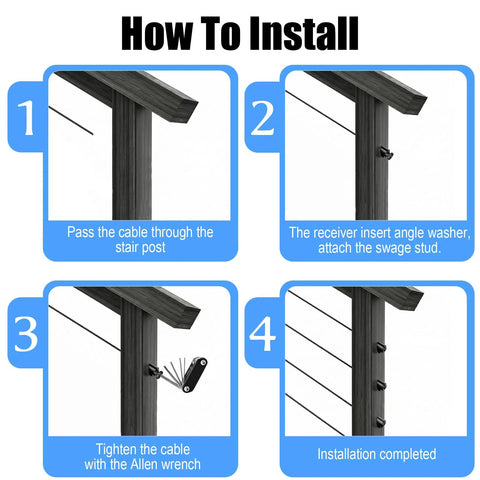 Afcabakila 20-pack black 30° angle washers for cable railing; four-step post installation guide on a wooden post.