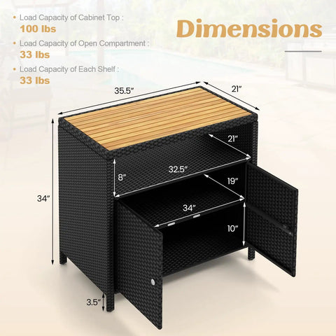 Outdoor Wicker Bar Cabinet With PE Rattan Construction, Durable Acacia Wood Countertop, Open Shelf And Two Doors, shown with dimensions and load capacities.