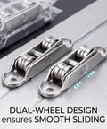 Built Tough Complete Set Double Wheel Push And Pull Window Pulley With Rust Resistant Screws detail of dual-wheel design for smooth operation.
