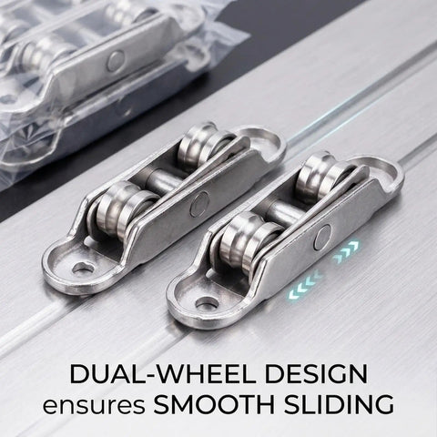 Heavy Duty Push Pull Window Pulley Set Featuring Rock Solid Double Wheel Rollers And No Sweat Plug And Play Hardware Install Built Tough For Smooth Glide Standard Door Track Systems, close-up of dual-wheel design.